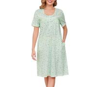 Vlazom Women's Nightdress Round Neck Soft Nighties Buttons Classic Nightgown Short Sleeve Sleep Dress Nightshirt Sleepwear Green Flower,S