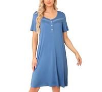 Vlazom Women's Nightdress Round Neck Soft Nighties Buttons Classic Nightgown Short Sleeve Sleep Dress Nightshirt Sleepwear Cobalt Blue,S