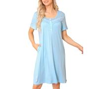 Vlazom Women's Nightdress Round Neck Soft Nighties Buttons Classic Nightgown Short Sleeve Sleep Dress Nightshirt Sleepwear Light Blue,3XL