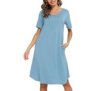 Vlazom Womens Nightdress Soft Pleated Nighties Modal Short Sleeve Nightshirts Nightgown Sleepwear with Pockets, Light Blue, L