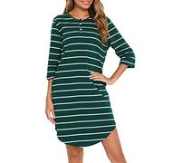 Vlazom Women's Nightdresses Soft Cotton Nightshirt Stripe 3/4 Sleeve Sleep Dress Sleepwear with Pockets, Dark Green, XL