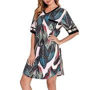 Vlazom Women's Nightgown V Neck Patterned Sleep Shirt Relaxed Oversized Nightshirt Sleepwear, Dark Brown, S