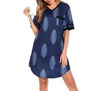 Vlazom Women's Nightgown V Neck Patterned Sleep Shirt Relaxed Oversized Nightshirt Sleepwear, Navy Blue, S