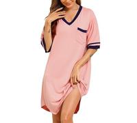 Vlazom Women's Nightgown V Neck Sleep Shirt Oversized Nightdress Short Sleeve Casual Loungewear Sleepwear Dusky Pink,L