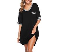 Vlazom Women's Nightgown V Neck Sleep Shirt Oversized Nightdress Short Sleeve Casual Loungewear Sleepwear Black, L