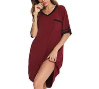 Vlazom Women's Nightgown V Neck Sleep Shirt Oversized Nightdress Short Sleeve Casual Loungewear Sleepwear Wine Red, XL