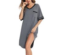 Vlazom Women's Nightgown V Neck Sleep Shirt Oversized Nightdress Short Sleeve Casual Loungewear Sleepwear Dark Grey, XXL