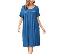 Vlazom Women's Nighties Button Front Long Nightdress Pleated Lace Nightgowns Luxury Soft Touch Nightgshirt with Pockets,Cobalt Blue,M