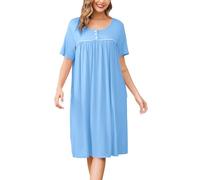Vlazom Women's Nighties Button Front Long Nightdress Pleated Lace Nightgowns Luxury Soft Touch Nightgshirt with Pockets,Light Blue,L