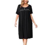 Vlazom Women's Nighties Button Front Long Nightdress Pleated Lace Nightgowns Luxury Soft Touch Nightgshirt with Pockets,Black,S