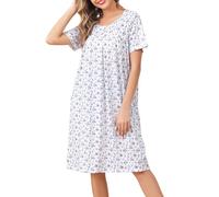 Vlazom Women's Nighties Button Front Long Nightdress Pleated Lace Nightgowns Luxury Soft Touch Nightgshirt with Pockets,Blue Flower,XL