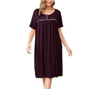 Vlazom Women's Nighties Button Front Long Nightdress Pleated Lace Nightgowns Luxury Soft Touch Nightgshirt with Pockets,Wine Red,XXL