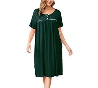 Vlazom Women's Nighties Button Front Long Nightdress Pleated Lace Nightgowns Luxury Soft Touch Nightgshirt with Pockets,Dark Green,M