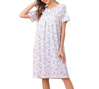 Vlazom Women's Nighties Button Front Long Nightdress Pleated Lace Nightgowns Luxury Soft Touch Nightgshirt with Pockets,Purple Flower,XL