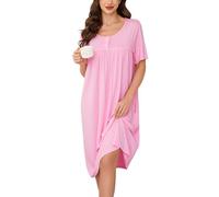Vlazom Women's Nighties Button Front Long Nightdress Pleated Lace Nightgowns Luxury Soft Touch Nightgshirt with Pockets,Pink,XXL