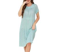 Vlazom Women's Nighties Printed Pleated Nightdress Soft Cotton Long Nightgowns Loose Nightgshirt with Pockets Light Green,M
