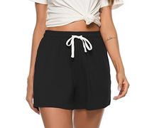 Vlazom Women's Pajama Short Bottoms Solid and Striped Sleeping Shorts Cotton Lounge Casual Pants for Yoga Gym Running, L, Black-solid