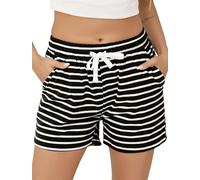 Vlazom Women's Pyjamas Bottoms Cotton Shorts Sleepwear Stripes Lounge Pants with Pockets Drawstring Black Striped, XXL