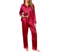 Vlazom Women's Pyjamas Set Satin Pjs Sets Two Piece Silk Pyjamas Elegant Lace Trim Pyjama Button Down Sleepwear Loungewear for All Seasons Wine Red,XXL