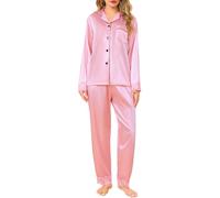 Vlazom Women's Pyjamas Set Satin Pjs Sets Two Piece Silk Pyjamas Elegant Lace Trim Pyjama Button Down Sleepwear Loungewear for All Seasons Pink,M