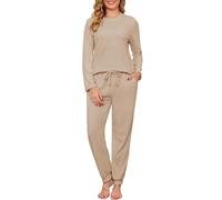 Vlazom Womens Pyjamas Sets Fuzzy Fleece Pj's Set Long Sleeve Jogger Lounge Sets Super Soft & Thick Sleepwear with Pockets for Winter Khaki,M