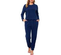 Vlazom Womens Pyjamas Sets Fuzzy Fleece Pj's Set Long Sleeve Jogger Lounge Sets Super Soft & Thick Sleepwear with Pockets for Winter Navy Blue,S