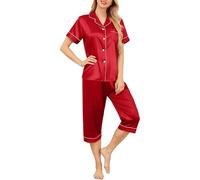 Vlazom Women's Pyjamas Sets, Silk Pj's Set Short Sleeve Button Down Top and Capri Lounge Set Soft Satin Loungwear Sleepwear A-Wine Red,L