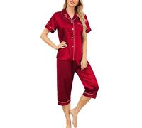 Vlazom Women's Pyjamas Sets, Silk Pj's Set Short Sleeve Button Down Top and Capri Lounge Set Soft Satin Loungwear Sleepwear A-Purplish Red,XL