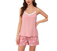 Vlazom Womens Pyjamas, Super Soft 2 Piece Short Pjs Sets Camisole and Shorts Lace Trim Cami Sets Sleepwear Loungewear with Adjustable Straps Light Pink,S