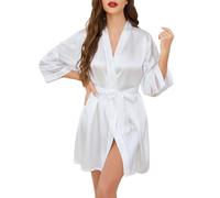 Vlazom Women's Satin Dressing Gown Soft Kimono Robe Silk Lightweight Bathrobe Bridesmaid/Bridal Wedding Party Robes 3/4 Sleeve Sleepwear White,XXL