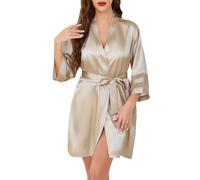Vlazom Women's Satin Dressing Gown Soft Kimono Robe Silk Lightweight Bathrobe Bridesmaid/Bridal Wedding Party Robes 3/4 Sleeve Sleepwear Dark Champagne,XXL