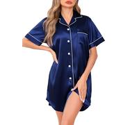 Vlazom Women's Satin Nightshirt Button Down Silk Nightdress Short Sleeve Nighties Boyfriend Sleepshirt Notch Collar Sleepwear Dark Blue,L