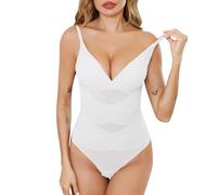Vlazom Women's Shapewear Bodysuit V Neck Tummy Control Body Shaper Seamless Sculpting Shaper Wear Snatched Waist Body Suit with Adjustable Straps Bra Pads S-3XL