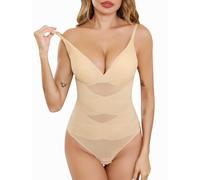 Vlazom Women's Shapewear Bodysuit V Neck Tummy Control Body Shaper Seamless Sculpting Shaper Wear Snatched Waist Body Suit with Adjustable Straps Bra Pads Nude,3XL