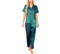 Vlazom Womens Silk Pyjamas, Soft Satin Short Sleeve Top & Long Pant Pyjamas Set Button Down Pj Sets Loungewear for All Seasons, A-Dark Green,M