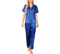 Vlazom Womens Silk Pyjamas, Soft Satin Short Sleeve Top & Long Pant Pyjamas Set Button Down Pj Sets Loungewear for All Seasons, A-Dark Blue,L