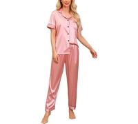 Vlazom Womens Silk Pyjamas, Soft Satin Short Sleeve Top & Long Pant Pyjamas Set Button Down Pj Sets Loungewear for All Seasons, A-Pink,S