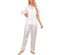 Vlazom Womens Silk Pyjamas, Soft Satin Short Sleeve Top & Long Pant Pyjamas Set Button Down Pj Sets Loungewear for All Seasons, A-White,XXL