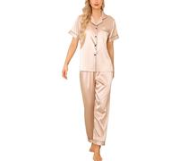 Vlazom Womens Silk Pyjamas, Soft Satin Short Sleeve Top & Long Pant Pyjamas Set Button Down Pj Sets Loungewear for All Seasons, A-Champagne,XL