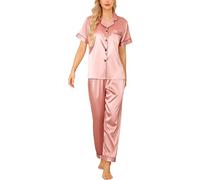 Vlazom Womens Silk Pyjamas, Soft Satin Short Sleeve Top & Long Pant Pyjamas Set Button Down Pj Sets Loungewear for All Seasons,A-Rose Pink,XL