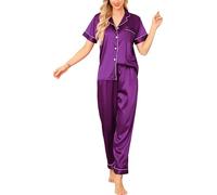 Vlazom Womens Silk Pyjamas, Soft Satin Short Sleeve Top & Long Pant Pyjamas Set Button Down Pj Sets Loungewear for All Seasons, A-Purple,XL