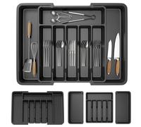 Vlihapy Kitchen Cutlery Drawer Organiser, 33-57CM Adjustable Cutlery Tray, Expandable Utensil Tray and Flatware Holder, Compact PP Storage Insert for Spoons Forks Knives, 8 Compartment, Black