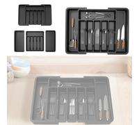 Vlihapy Large Kitchen Cutlery Drawer Organiser, 33-57CM Extendable Cutlery Tray, 8 Compartment Utensil Tray, Adjustable Silverware and Flatware Holder for Spoons Forks Knives, Black