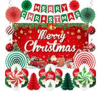 Vlipoean Red Green Christmas Party Decorations, 44PCS Merry Christmas Birthday Party Supplies with Backdrop Banner, Cute Honeycomb, Hanging Swirl for Xmas Eve Happy New Year
