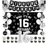 Vlipoeasn 16th Birthday Decoration for Boys Girls, Black White Bruh It's My 16 Birthday Backdrop Banner, Cake Topper, Hanging Swirls, 16 Year Old Birthday Party Decor Supplies for Outside Inside