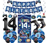 Vlipoeasn Blue 14th Birthday Decorations for Boys, Video Game Level 14 Banner Backdrop Hanging Swirls for 14th Birthday Party, Gamer 14 Years Old Party Supplies