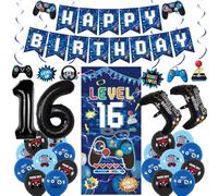 Vlipoeasn Blue 16th Birthday Decorations for Boys, Video Game Level 16 Banner Backdrop Hanging Swirls for 16th Birthday Party, Gamer 16 Years Old Party Supplies