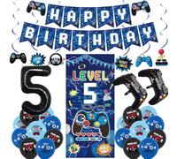 Vlipoeasn Blue 5th Birthday Decorations for Boys, Video Game Level 5 Banner Backdrop Hanging Swirls for 5th Birthday Party, Gamer 5 Years Old Party Supplies