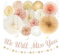 Vlipoeasn Champagne Gold Beige Boho We Will Miss You Farewell Party Decorations - 21pcs Neutral Autumn Retro We Will Miss You Banner, Paper Lanterns PomPoms, Rustic Backdrop Decor Coworker Going Away