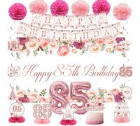 Vlipoeasn Floral 85th Birthday Decorations for Women, Rose Gold 85th Birthday Backdrop Banner, Cake Topper, Honeycomb, Hanging Swirl for Party, Cheers to 85 Years Old Birthday Party Supplies